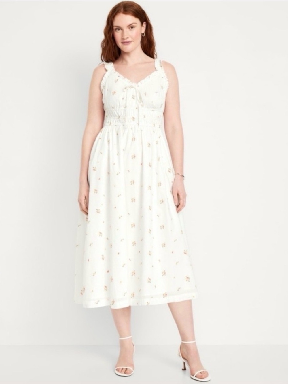 Old Navy White Floral Midi Dress with Ruffle Straps